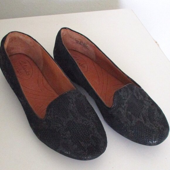 Clarks Indigo Womens Black Leather Snakeskin Moccasin NWOB - Size 5.5M - Picture 1 of 9